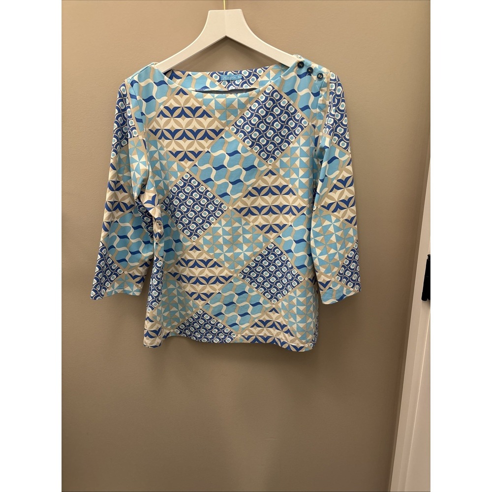 J McLaughlin XL Blue Beige 3/4 Sleeves Catalina Cloth Nautical